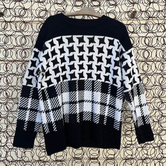 Vintage 80s black white plaid houndstooth dark academia sweater - Picture 1 of 6